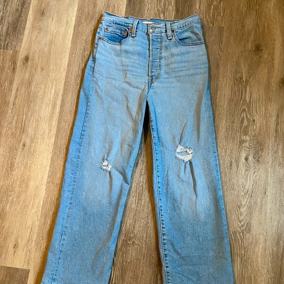 Levi's Ribcage Straight Ankle Jeans Light Blue Distress Button Fly High 27 27 - Picture 4 of 12